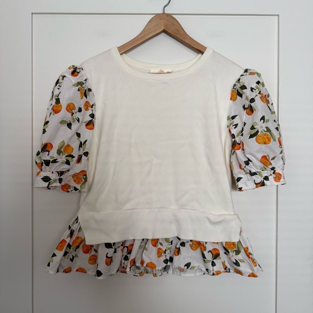 Anthropologie Top Womens Sz M White Knit Short Sleeve Orange Print Underlayer